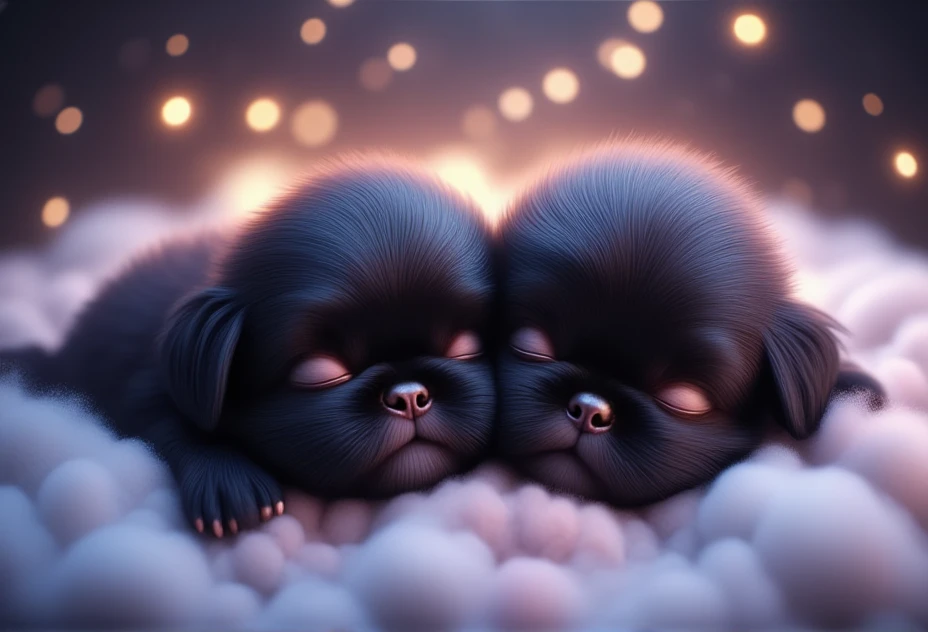 2 adorable black shih tzu puppies, Pixar Style, bv-cutenh, sleeping peacefully on a cloud, captured from a top-down view, in a fantastical style, ultra-detailed, with vibrant, radiant colors and soft magical glow that creates a sense of wonder, emphasizing extreme cuteness and charm with soft, rounded features, oversized, expressive eyes, and an enchanting atmosphere.2 adorable black shih tzu puppies, Pixar Style,