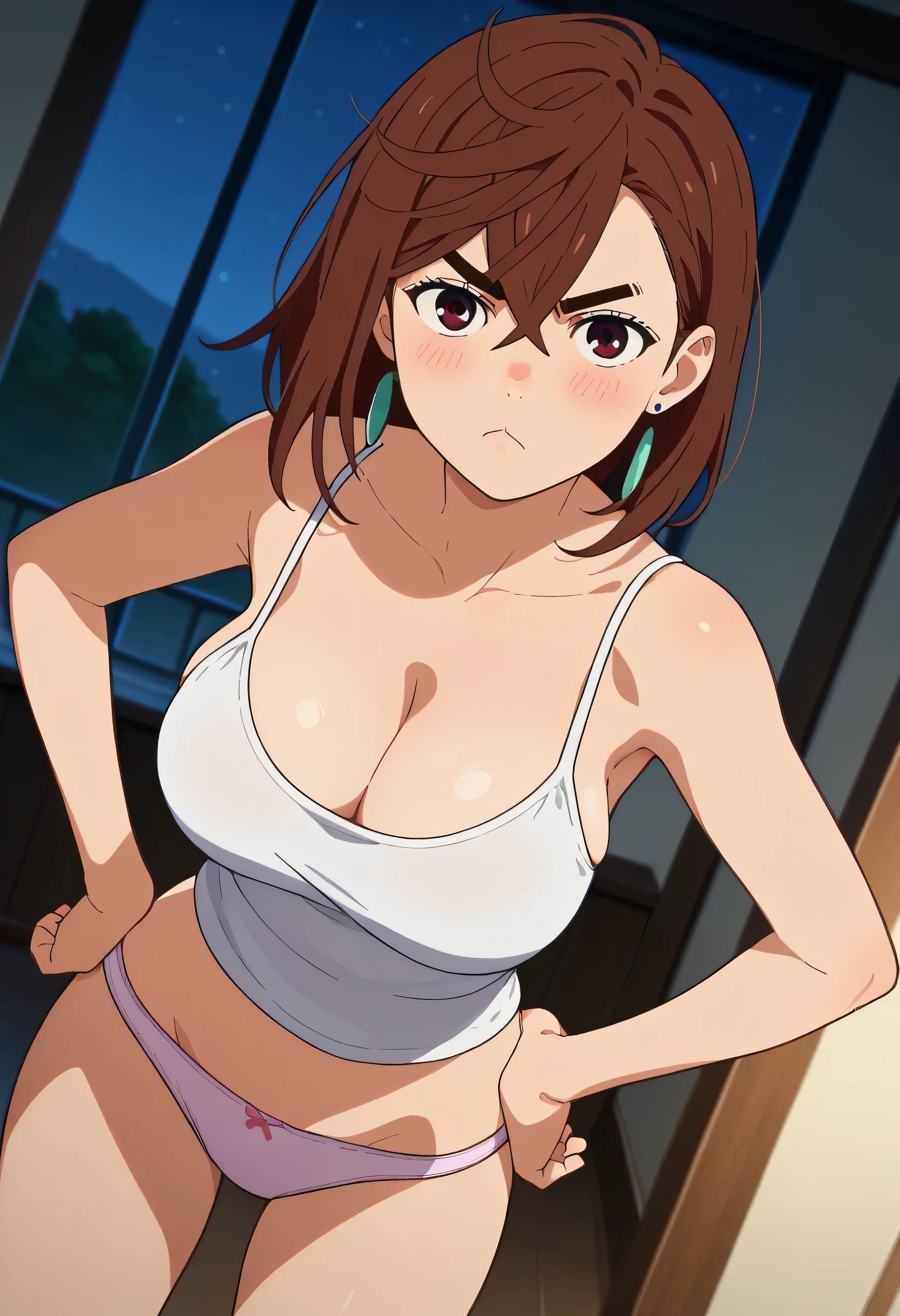 score_9, score_8_up, score_7_up, anime screencap, source_anime, 1girl, solo, KJOmomo, brown hair, brown eyes, medium hair, hair between eyes, thick eyebrows, earrings, camisole, standing, hands on hips, pout, looking at viewer, blush, dutch angle, bedroom, night, large breasts, CLEAVAGE, big breasts, panties, from behind