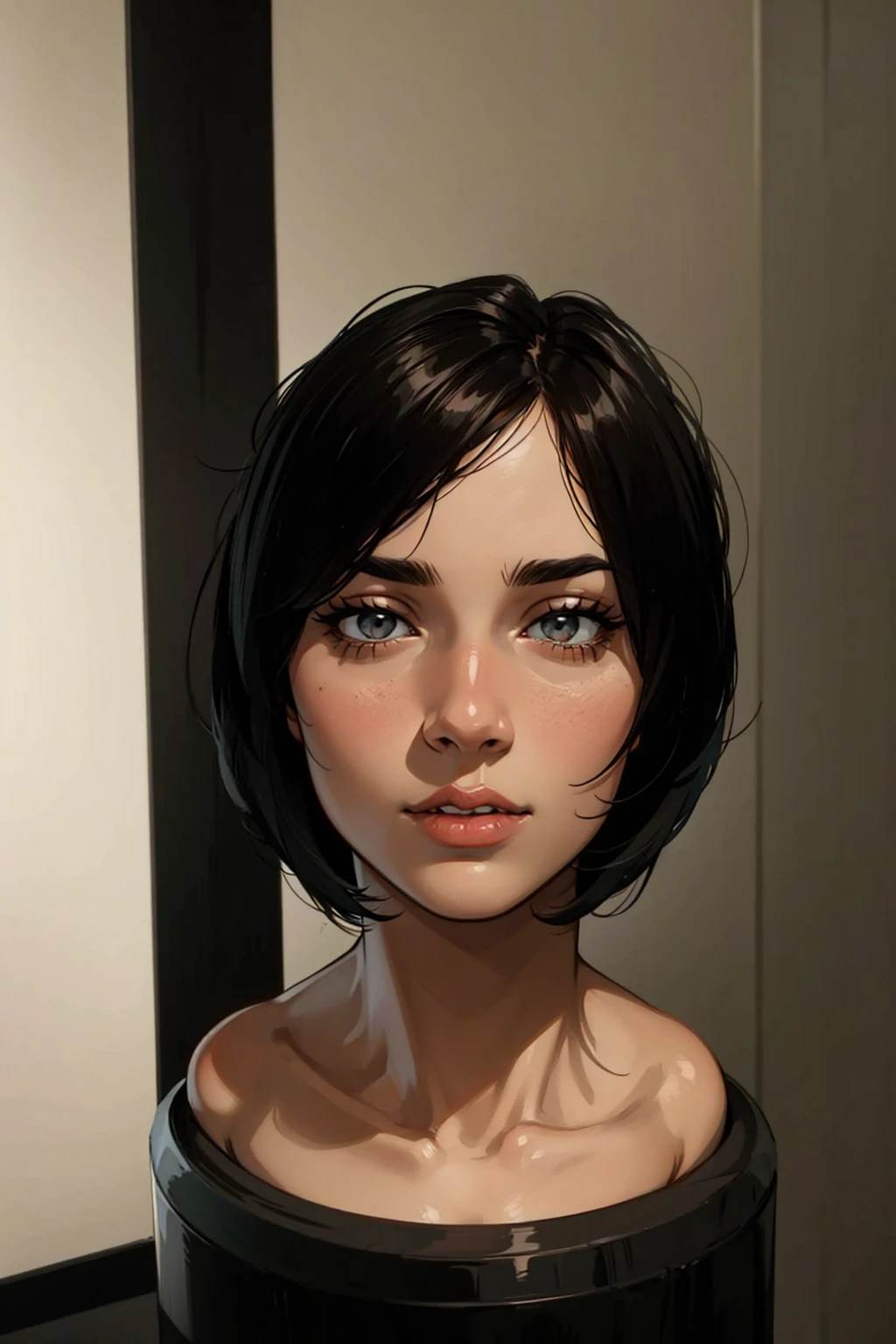dynamic close-up of the upper part of 1 Extremely slim and beautiful woman, perfect body, shapely face, skin with highly detailed depth, she stands Against a brick wall, (haircut, black hair), (detailed eyes, eyes large and light brown and shiny, curled eyelashes), (sensual mouth), wearing short sweater showing shoulders, ultra realistic image vibrating and perky, (she is all wet), dynamic vision, high quality 32k, hyper-realistic, cinematic.