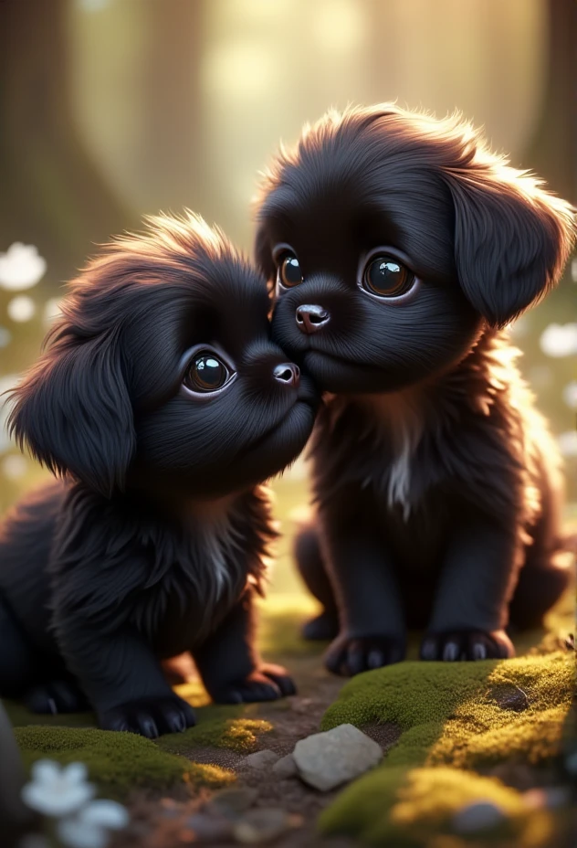 2 adorable black shih tzu puppies, Pixar Style, with a gentle gaze, bv-cutenh, exploring a tiny forest, captured from a side view, in a fantastical style, ultra-detailed, with vibrant, radiant colors and soft magical glow that creates a sense of wonder, emphasizing extreme cuteness and charm with soft, rounded features, oversized, expressive eyes, and an enchanting atmosphere.2 adorable black shih tzu puppies, Pixar Style,