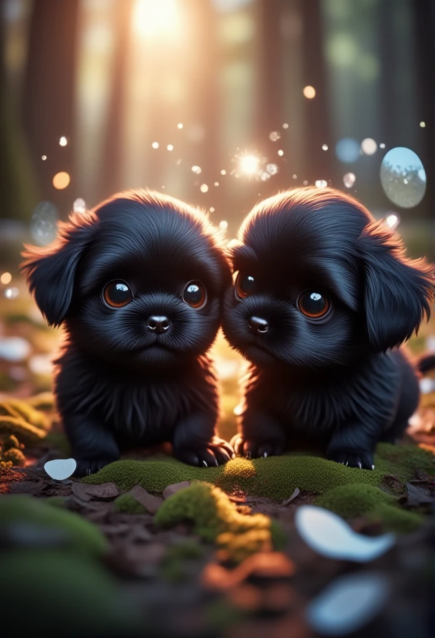 2 adorable black shih tzu puppies, Pixar Style, with a gentle gaze, bv-cutenh, exploring a tiny forest, captured from a side view, in a fantastical style, ultra-detailed, with vibrant, radiant colors and soft magical glow that creates a sense of wonder, emphasizing extreme cuteness and charm with soft, rounded features, oversized, expressive eyes, and an enchanting atmosphere.2 adorable black shih tzu puppies, Pixar Style,