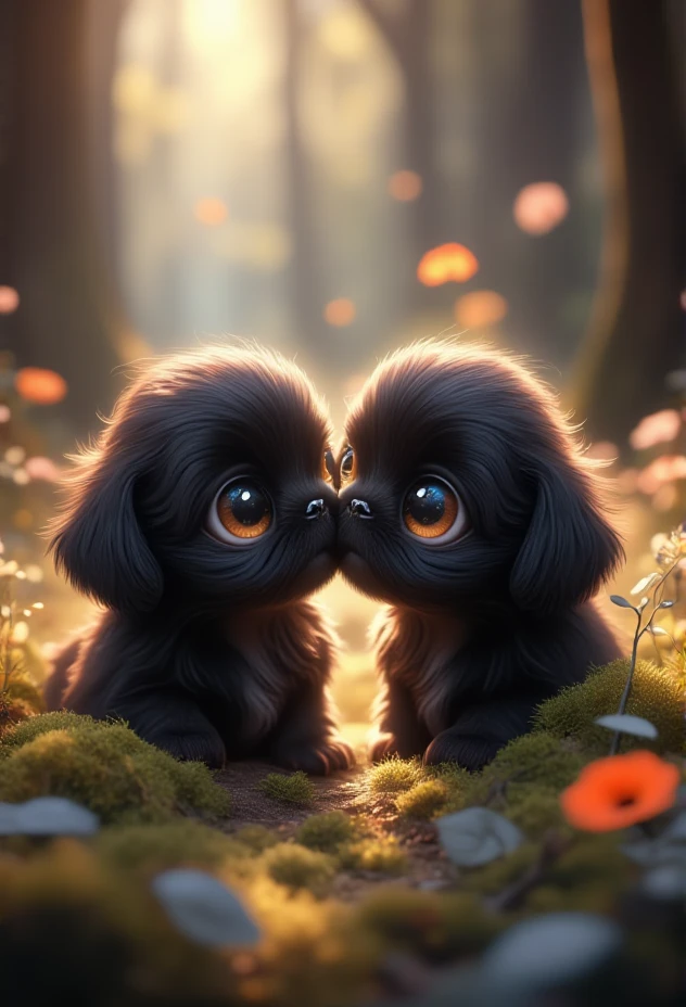 2 adorable black shih tzu puppies, Pixar Style, with a gentle gaze, bv-cutenh, exploring a tiny forest, captured from a side view, in a fantastical style, ultra-detailed, with vibrant, radiant colors and soft magical glow that creates a sense of wonder, emphasizing extreme cuteness and charm with soft, rounded features, oversized, expressive eyes, and an enchanting atmosphere.2 adorable black shih tzu puppies, Pixar Style,