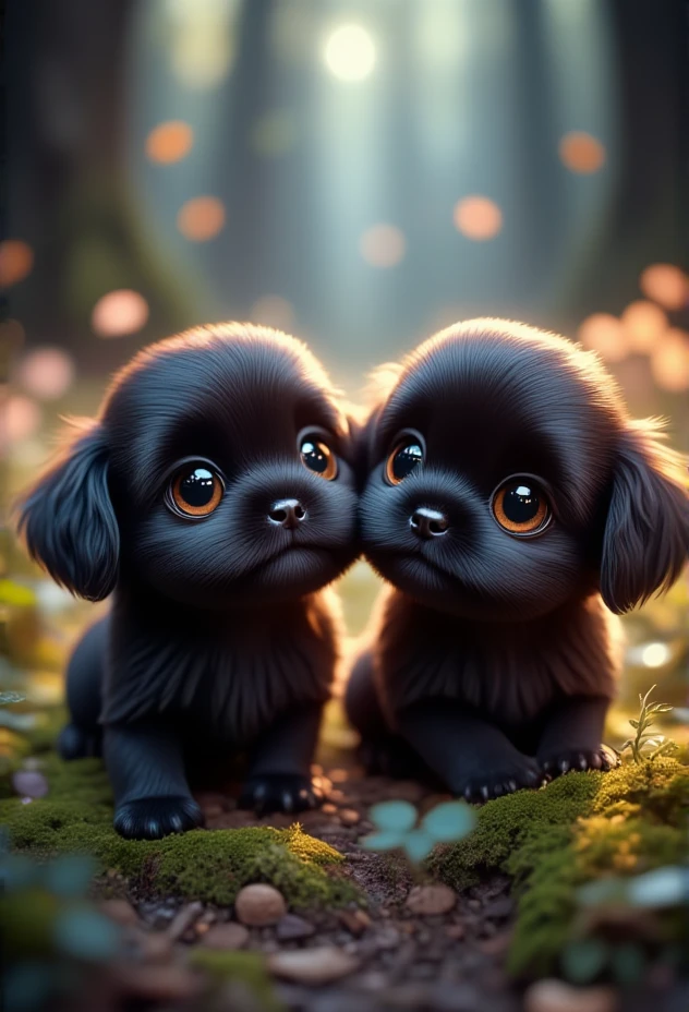 2 adorable black shih tzu puppies, Pixar Style, with a gentle gaze, bv-cutenh, exploring a tiny forest, captured from a side view, in a fantastical style, ultra-detailed, with vibrant, radiant colors and soft magical glow that creates a sense of wonder, emphasizing extreme cuteness and charm with soft, rounded features, oversized, expressive eyes, and an enchanting atmosphere.2 adorable black shih tzu puppies, Pixar Style,