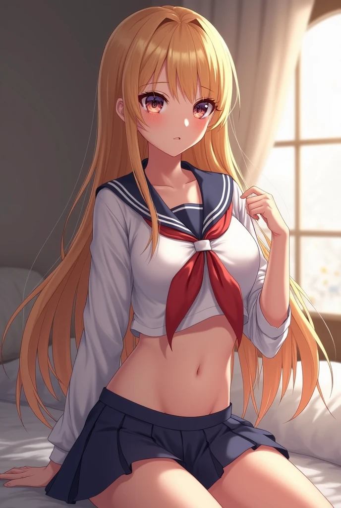 masterpiece, (1 woman), (((solo:1.8))), ((Micro thong:1.3)), (((under boob:1.3))), ((Crop Top shirt:1.3)), sitting, ((spread legs, one knee up)), (Sailor school uniform only for the upper body), summer clothes, ((Red Ribbon Tie)), ((sheer white long thigh-high socks)), ((sheer long gloves))), Best Quality, High quality, High Definition, Finely detailed, Detailed texture, realistic representation of face, Realistic, Colorful, (((ahegao:1.5))) , (((orgasm:1.5))), crying, (((clenched teeth))), (drooling), ((steam)), (glowing eyes), (Detailed beautiful delicate face, Detailed beautiful eyes, A perfectly proportioned face, High detailed skin, best ratio four finger and one thumb, (((Glowing white shiny skin))), (oiled skin), (large breasts), ((Smooth texture, Realistic texture, Photorealistic)), ((Green eyes)), blonde hair, (Beautiful face, Cute face, Detailed face), on a bed