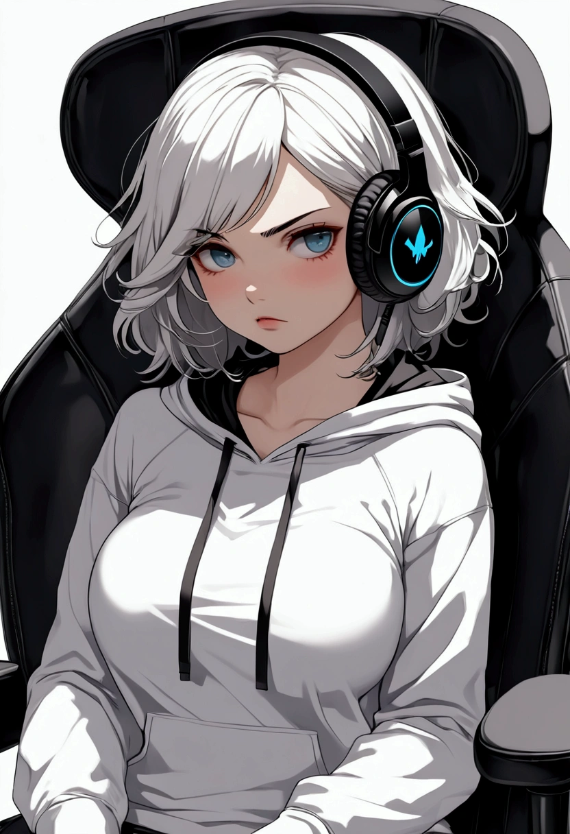 Anime girl , ((( gamer girl ))) , ((( Slim sexy body ))) , Nice realistic lips , cute eyes , looking towards me , ((( A RGB black headphone ))) , medium breast size , Black hair , ((( Wearing a Cool Hoodie ))) , ((( big saggy boobs ))) , sitting on a ((( Black and White gaming chair ))) , (( Looking Intense ))) , well detailed , super high quality , Detailed background , ((( Medium Hair size ))) , ((( Full body ))) , ((( Intense look ))), colored eyes , 4k eyes , ((( ultra high resolution ))) , Sexy boobs , Nice background , Intense Look , angry , embarrassed , There is a word ((( Demon Editz ))) under the character , Wearing a skirt , --V6 