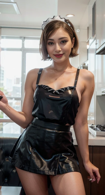 40 year old asian woman who is a bodybuilder. She has long legs and short hair. She is wearing a short silk dress with fishnet stockings. She is wearing knee high latex boots with high heels. She is standing in the kitchen, smiling, from back.