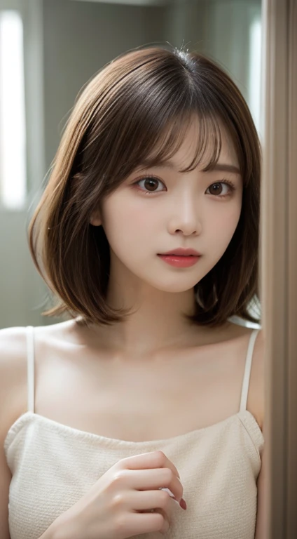 Realistic photos of (1 cute Korean star) side swept bangs, thin makeup, 32 inch breasts size, wearing red and black camisole, sitting in the cinema, close-up portrait, UHD
