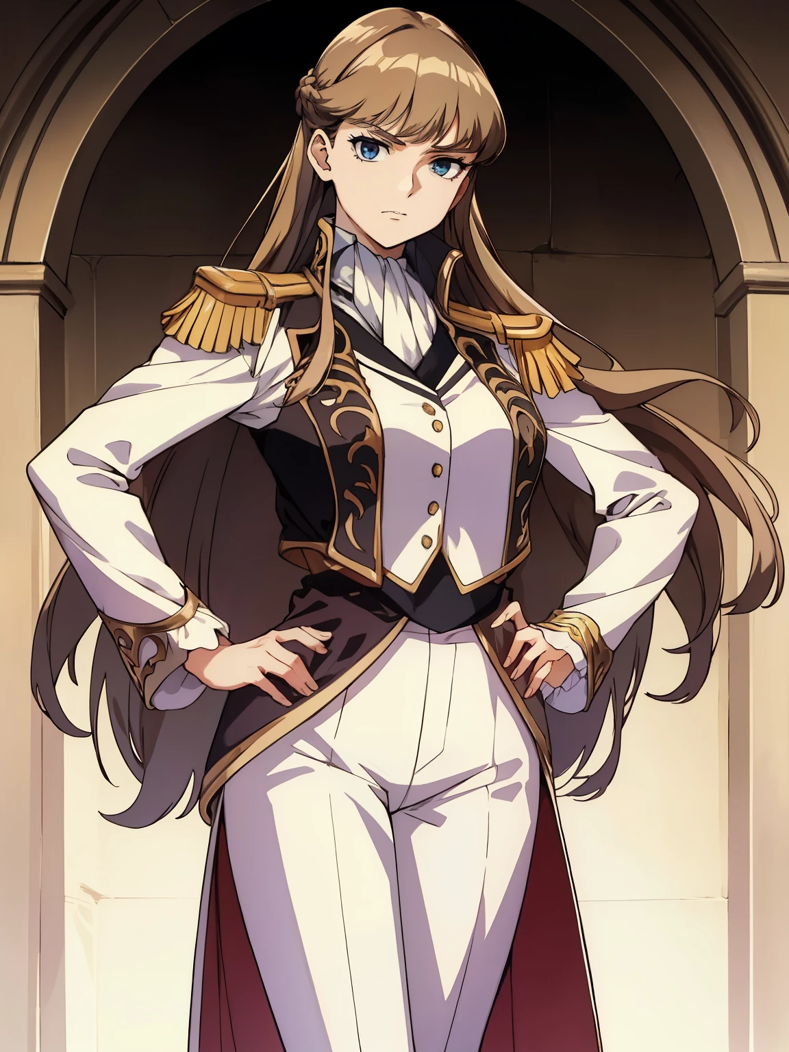 1girl,glaring ,Disgust,angry ,standing ,hands on hip,BREAK,RelenaPeacecraft, large_breasts, hair on her eyes , long brown hair , throw, hair stuck to my eyes, dazzling,dark eyes,luxurious RelenaMilitaryUniform,white pant,BREAK ,in the throne room,looking at viewers,cowboy shot,from below,BREAK,masterpiece ,8k unity wallpaper,anime key visual,highest quality, High resolution,  (shape:0.8),anime coloring,highly detailed face, detailed eyes,growing eyes,shiny skin,fine skin,white skin,dense skin,detailed hair,highly detailed legs,perfect lighting, Detailed CG, (perfect hands, perfect anatomy),High resolution,(Detailed wear ),slender limbs, delicate curves, dainty hands,figure:0.8,