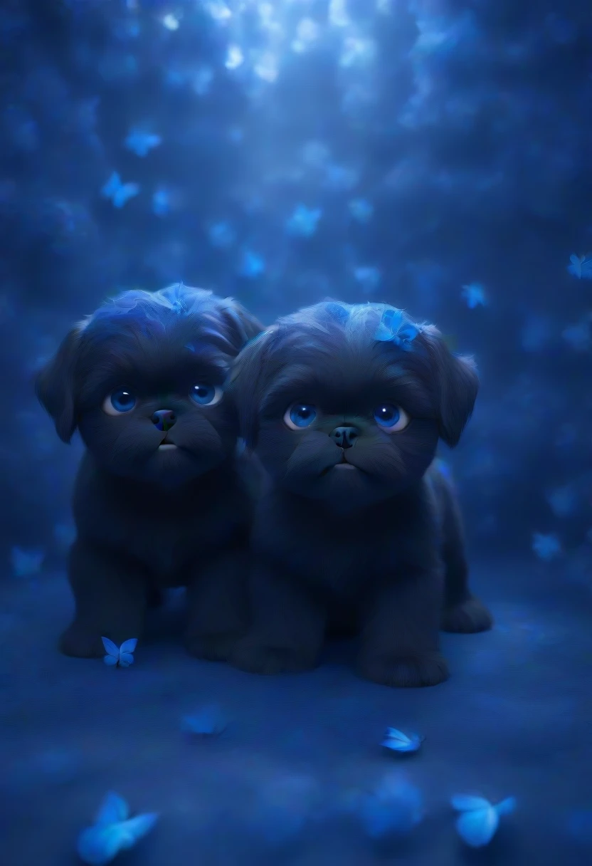 2 adorable black shih tzu puppies with blue eyes, 3D, Pixar Style, 8k,wallpaper of extremely detailed CG unit, ​masterpiece,hight resolution,top-quality,top-quality real texture skin,hyper realisitic,increase the resolution,RAW photos,best qualtiy,highly detailed,the wallpaper, BREAK ,many blue butterflies are making the rainbow in the sky at night,everything is dark as shadow,butterflies glowing blue, 2 adorable black shih tzu puppies with blue eyes, 3D, Pixar Style