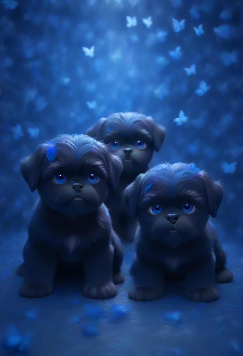 2 adorable black shih tzu puppies with blue eyes, 3D, Pixar Style, 8k,wallpaper of extremely detailed CG unit, ​masterpiece,hight resolution,top-quality,top-quality real texture skin,hyper realisitic,increase the resolution,RAW photos,best qualtiy,highly detailed,the wallpaper, BREAK ,many blue butterflies are making the rainbow in the sky at night,everything is dark as shadow,butterflies glowing blue, 2 adorable black shih tzu puppies with blue eyes, 3D, Pixar Style