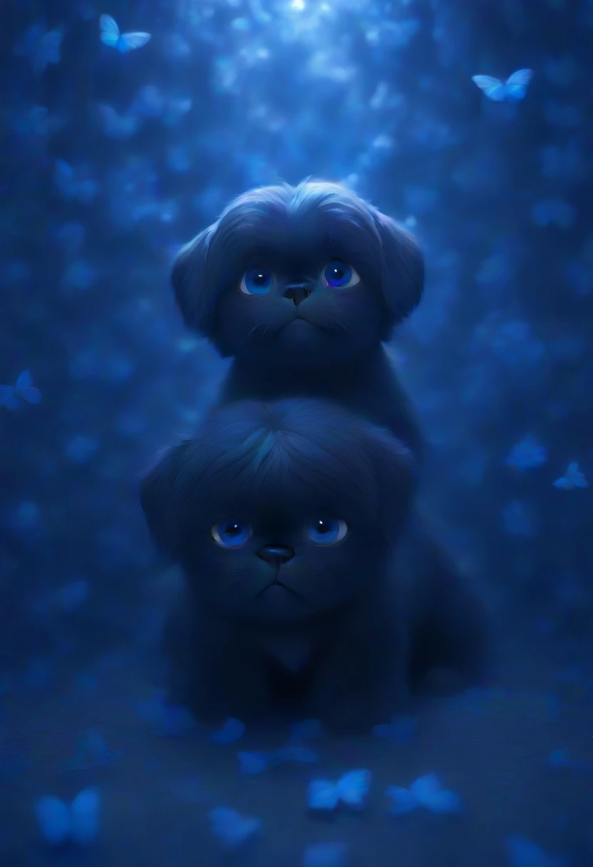 2 adorable black shih tzu puppies with blue eyes, 3D, Pixar Style, 8k,wallpaper of extremely detailed CG unit, ​masterpiece,hight resolution,top-quality,top-quality real texture skin,hyper realisitic,increase the resolution,RAW photos,best qualtiy,highly detailed,the wallpaper, BREAK ,many blue butterflies are making the rainbow in the sky at night,everything is dark as shadow,butterflies glowing blue, 2 adorable black shih tzu puppies with blue eyes, 3D, Pixar Style