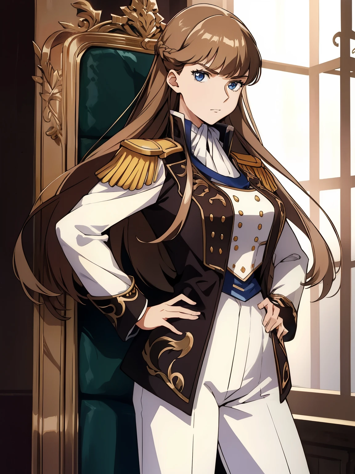 1girl,glaring ,Disgust,angry ,standing ,hands on hip,BREAK,RelenaPeacecraft, large_breasts, hair on her eyes , long brown hair , throw, hair stuck to my eyes, dazzling,dark eyes,luxurious RelenaMilitaryUniform,white pant,BREAK ,in the throne room,looking at viewers,cowboy shot,from behind,BREAK,masterpiece ,8k unity wallpaper,anime key visual,highest quality, High resolution,  (shape:0.8),anime coloring,highly detailed face, detailed eyes,growing eyes,shiny skin,fine skin,white skin,dense skin,detailed hair,highly detailed legs,perfect lighting, Detailed CG, (perfect hands, perfect anatomy),High resolution,(Detailed wear ),slender limbs, delicate curves, dainty hands,figure:0.8,