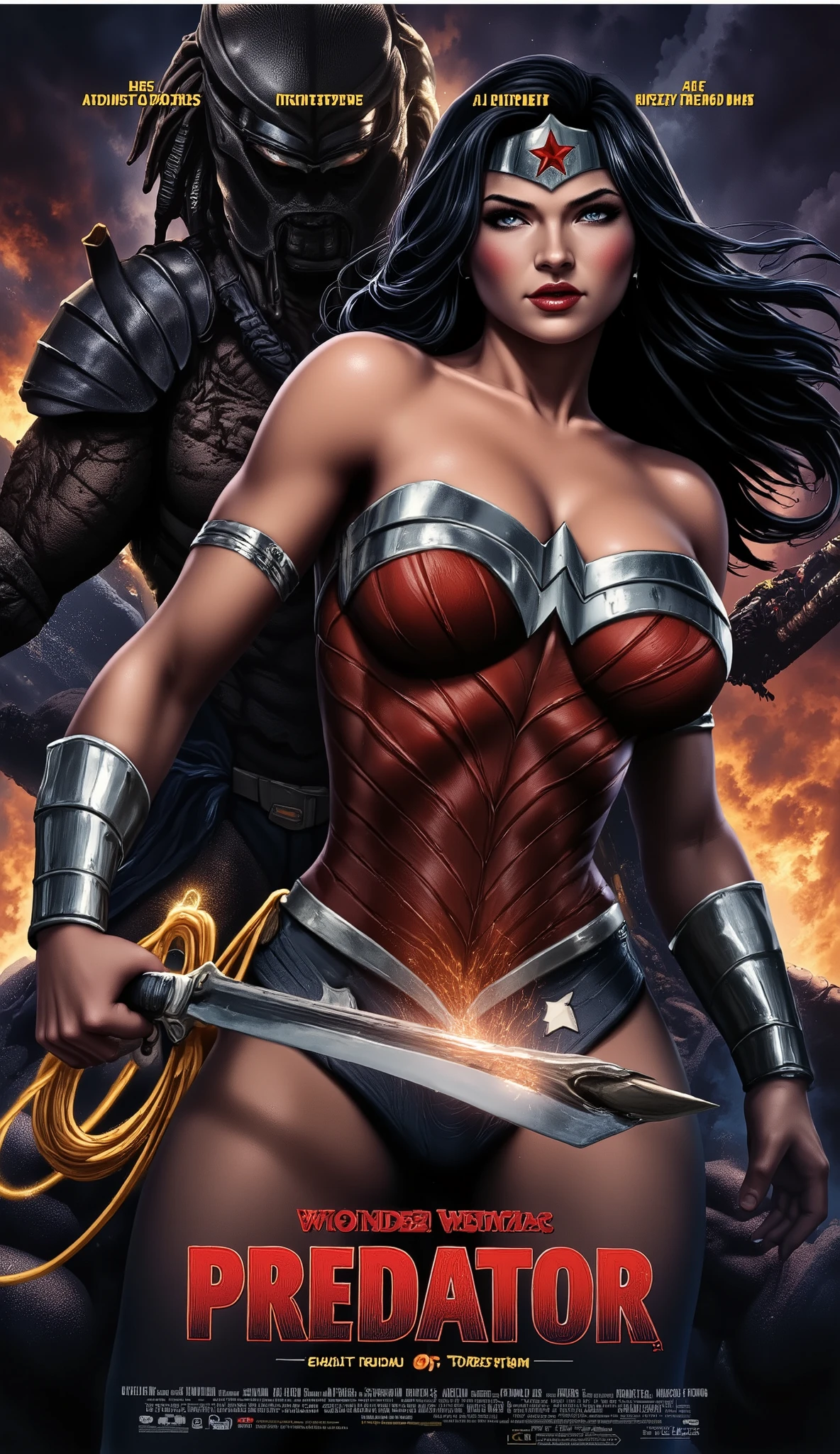 Movie poster titled “Wonder Woman vs Predator ” perfect text title style), , natural lighting, Defined full lips. feminine body. in the style of realism, glistening skin, , natural lighting, Defined full lips. fitness feminine body, (in space) with the Predator behind her mvpstrCE style