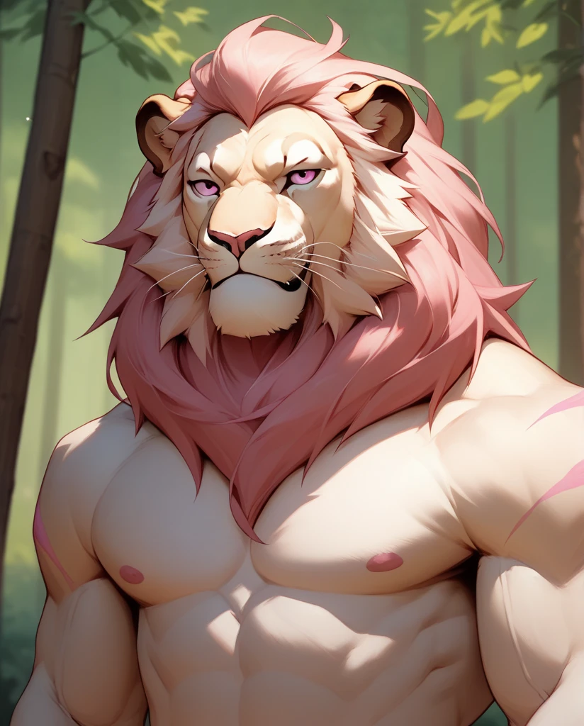 male, anthropomorphic, lion, white body, pink stripes, pink nails, skinny, ultra realistic, closeup, chest and arms only, upper body only, mouth closed, facing viewer, forest, no shirt, eyes opened, looking at viewer, shirtless, pink eyes 