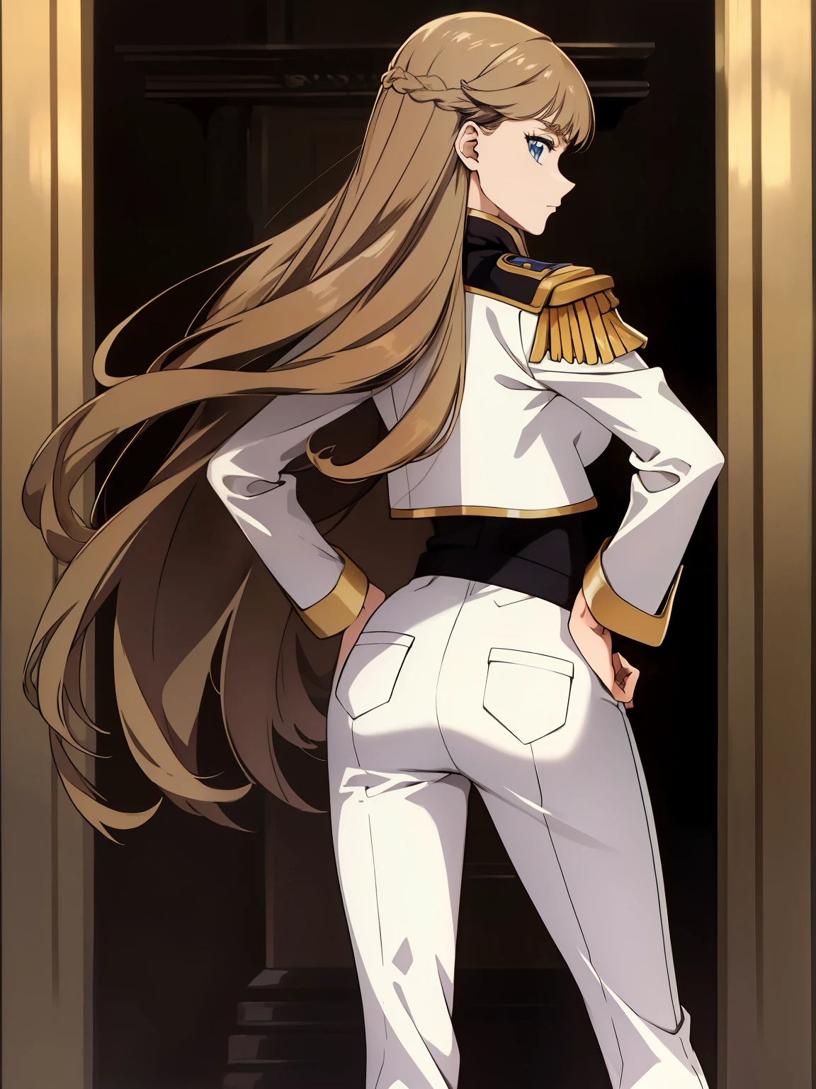 1girl,glaring ,Disgust,angry ,standing ,hands on hip,BREAK,RelenaPeacecraft, large_breasts, hair on her eyes , long brown hair , throw, hair stuck to my eyes, dazzling,dark eyes,luxurious RelenaMilitaryUniform,white pant,BREAK ,in the throne room,looking at viewers,cowboy shot,from behind,BREAK,masterpiece ,8k unity wallpaper,anime key visual,highest quality, High resolution,  (shape:0.8),anime coloring,highly detailed face, detailed eyes,growing eyes,shiny skin,fine skin,white skin,dense skin,detailed hair,highly detailed legs,perfect lighting, Detailed CG, (perfect hands, perfect anatomy),High resolution,(Detailed wear ),slender limbs, delicate curves, dainty hands,figure:0.8,