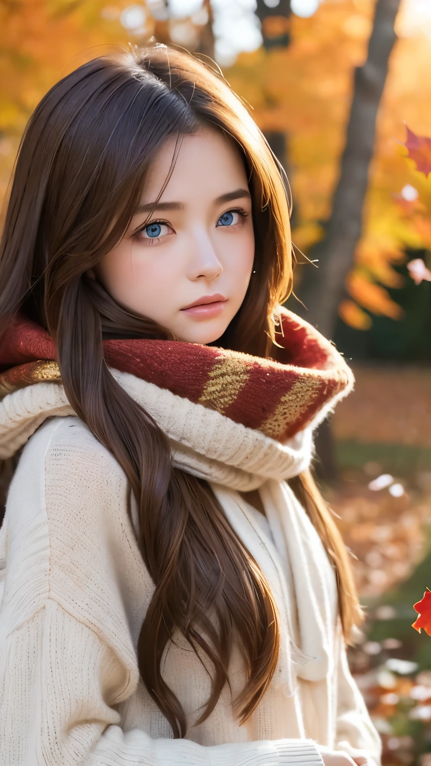 (masterpiece), best quality, ultra-detailed, illustration, warm lighting, soft lighting, bright colors, 1 girl, solo,( beautiful girl, long hair, blue eyes, ribbon, brown hair, hair between eyes, hair ribbon, sidelocks, very long hair, messy hair,) , autumn, many maple tree, maple leaves, golden leaves, fall foliage, Dried leaves, river,  crisp air,  peace, cool breeze , sweater weather,( wear white or brown sweater, red scarf, Moody fall, Wistful, Melancholy, sad ,worried, Longing,)