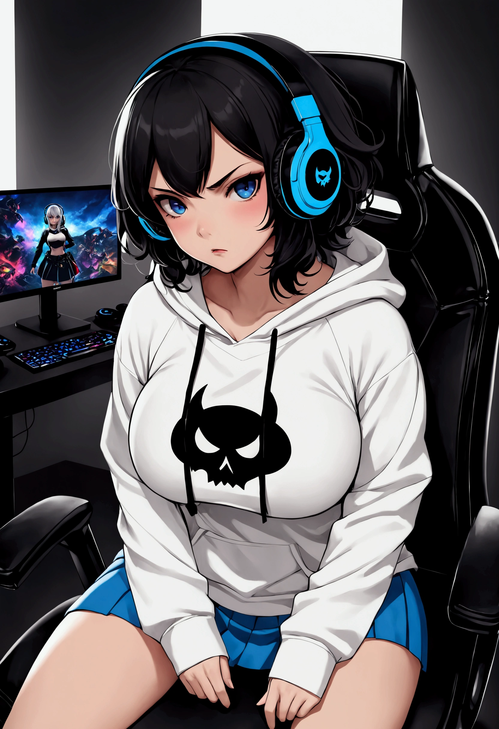 Anime girl , ((( gamer girl ))) , ((( Slim sexy body ))) , Nice realistic lips , cute eyes , looking towards me , ((( A RGB black headphone ))) , medium breast size , Black hair , ((( Wearing a Cool Hoodie ))) , ((( big saggy boobs ))) , sitting on a ((( Black and White gaming chair ))) , (( Looking Intense ))) , well detailed , super high quality , Detailed background , ((( Medium Hair size ))) , ((( Full body ))) , ((( Intense look ))), colored eyes , 4k eyes , ((( ultra high resolution ))) , Sexy boobs , Nice background , Intense Look , angry , embarrassed , There is a word ((( Demon Editz ))) under the character , Wearing a skirt , --V6 