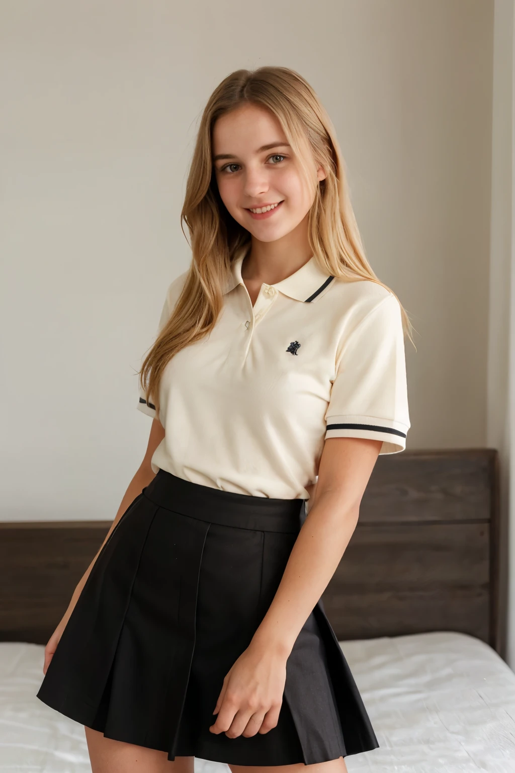 High quality shy and timid, cute, dirty nineteen year old girl,(photo quality) masterpiece, 4k high res, shy pose, black knee length school skirt, and a plain fitted polo shirt, teasing, hair middle part, ((embarrassed)) near her bed(black skirt) turned on, slim, amused, blonde, leggings ((cute pose)) (top is tucked into her skirt) ((slim girl)) ((arms behind her back))(perky) ((flat chested) (plain polo)