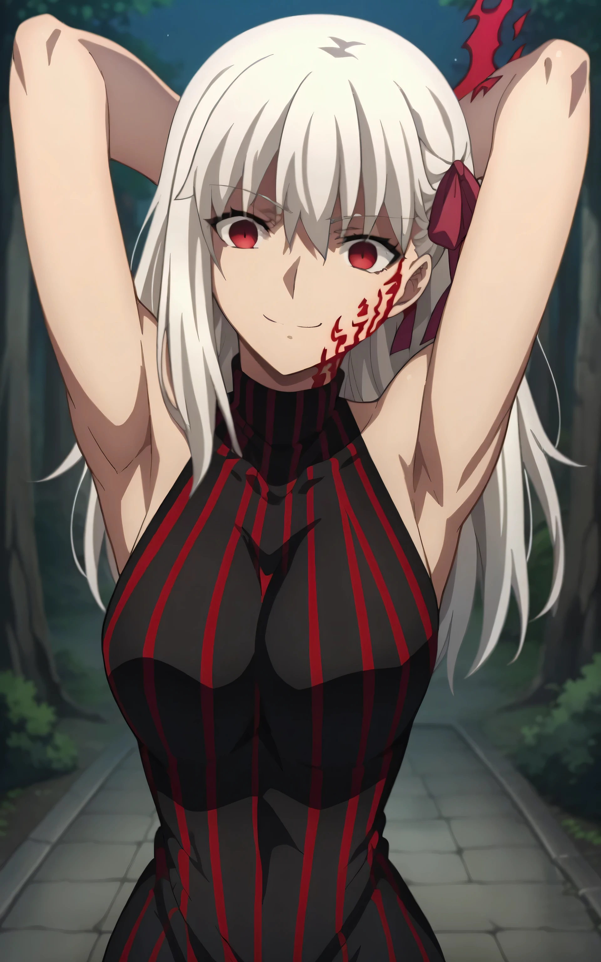 score_9, score_8_up, score_7_up, source_anime, anime screencap, 1girl, solo, white hair, long hair, red eyes, facial mark, hair ribbon, pink ribbon, SakuraAlter, dark persona, corruption, striped dress, black dress, turtleneck, sleeveless, bare shoulders, arms behind head, armpits, looking at viewer, head towards viewer, evil smile, badhandv4, outdoors, night, forest, from above 