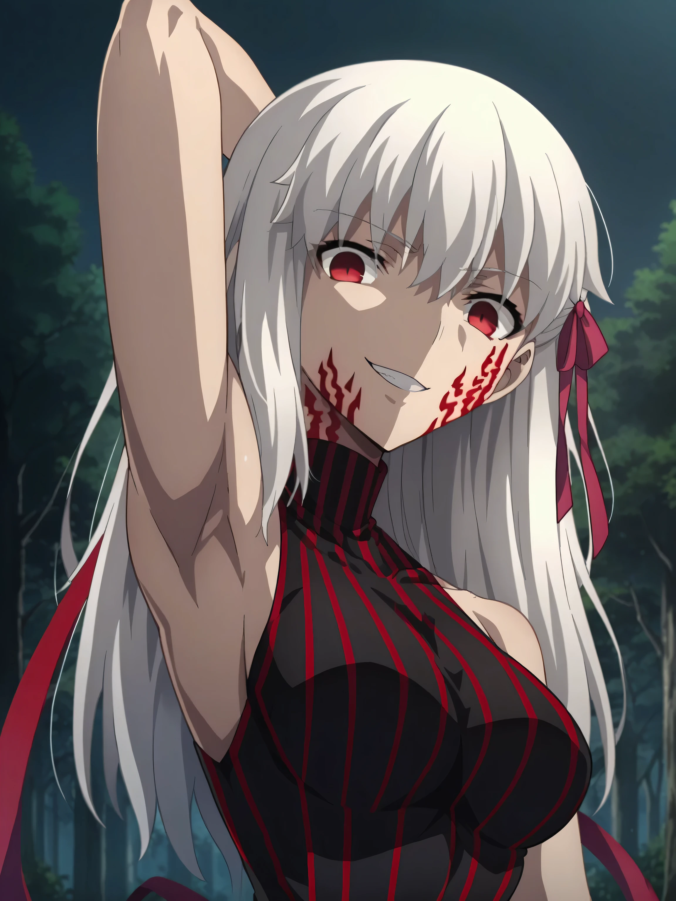 score_9, score_8_up, score_7_up, source_anime, anime screencap, 1girl, solo, white hair, long hair, red eyes, facial mark, hair ribbon, pink ribbon, SakuraAlter, dark persona, corruption, striped dress, black dress, turtleneck, sleeveless, bare shoulders, arm behind head, armpit, looking at viewer, head towards viewer, evil smile, badhandv4, outdoors, night, forest, from side, from below 