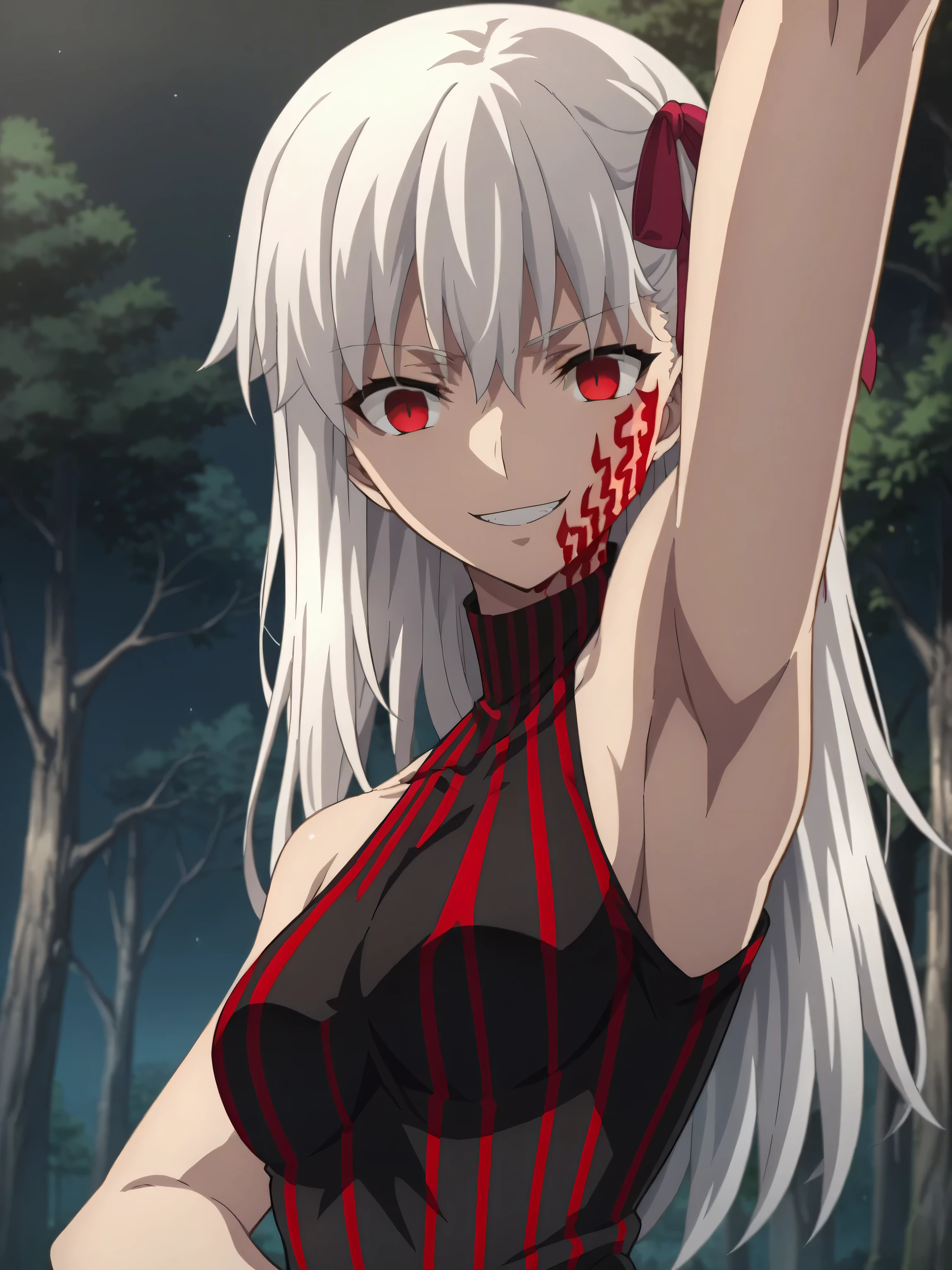 score_9, score_8_up, score_7_up, source_anime, anime screencap, 1girl, solo, white hair, long hair, red eyes, facial mark, hair ribbon, pink ribbon, SakuraAlter, dark persona, corruption, striped dress, black dress, turtleneck, sleeveless, bare shoulders, arm up, raised arm, armpit, looking at viewer, head towards viewer, evil smile, badhandv4, outdoors, night, forest, from side, from below, kabedon, pinning down viewer, on top of the viewer 