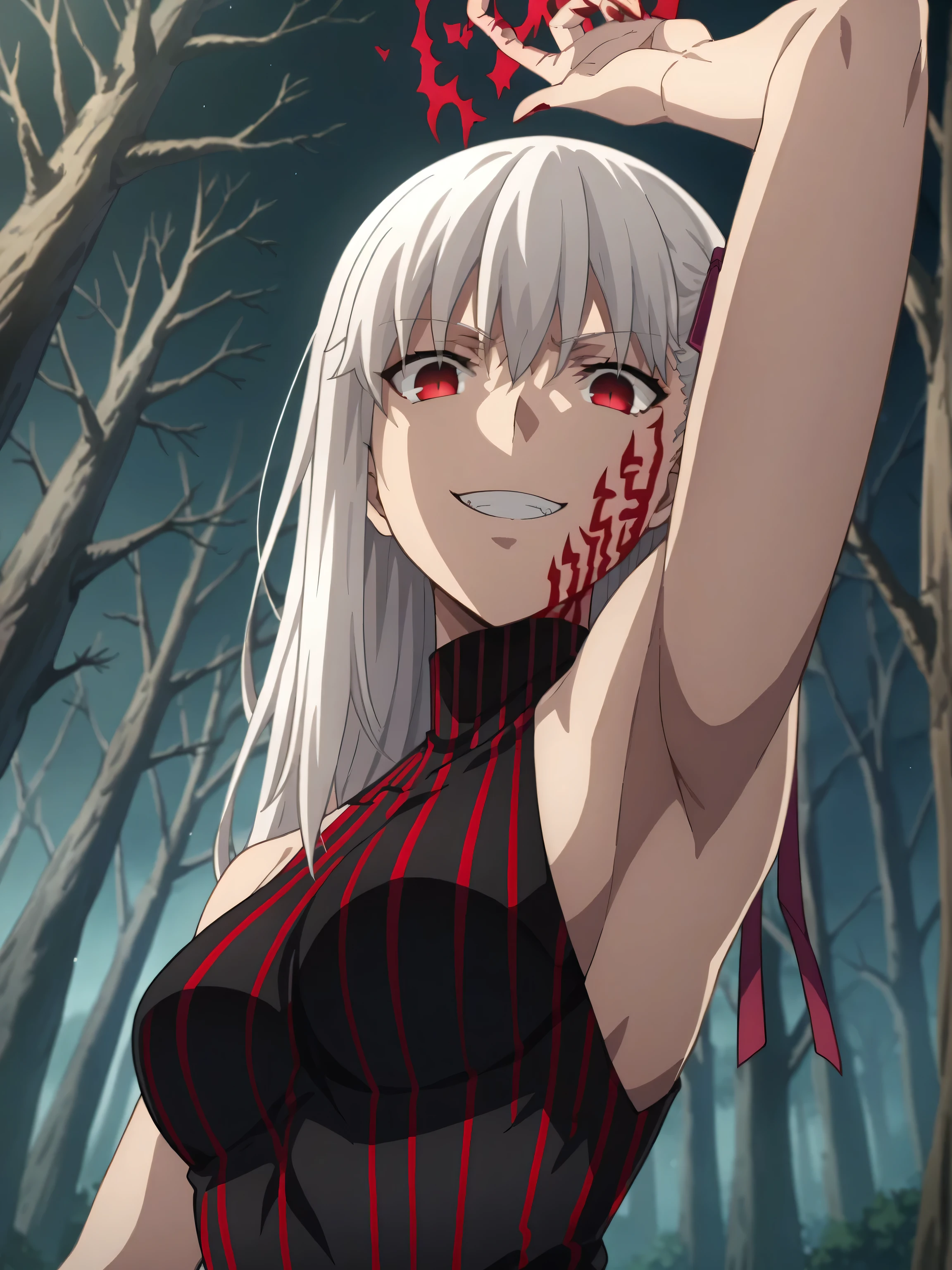 score_9, score_8_up, score_7_up, source_anime, anime screencap, 1girl, solo, white hair, long hair, red eyes, facial mark, hair ribbon, pink ribbon, SakuraAlter, dark persona, corruption, striped dress, black dress, turtleneck, sleeveless, bare shoulders, arm up, raised arm, armpit, looking at viewer, head towards viewer, evil smile, badhandv4, outdoors, night, forest, from side, from below, kabedon, pinning down viewer, on top of the viewer 