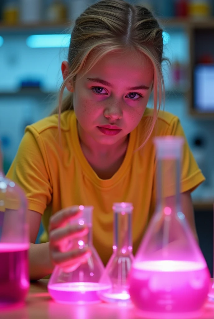 Realistic photograph of a cute pre teen blonde girl  in a lab, wearing shorts and a yellow blouse, she is mixing pink liquid, vials, glowing pink liquid, the chemicals just gave her megalips, big bimbo lips