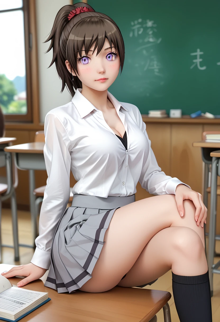 Sitting girl. Tōka Yada (assassination classroom), dark brown hair, high ponytail, lilac eyes, blush, looking at viewer, innocent expression, red scrunchie, tokaschool, white shirt, medium breasts, cleavage, collared shirt, long sleeves, light grey skirt, pleated skirt, long skirt, large buttocks, kneehighs, brown shoes. Classroom