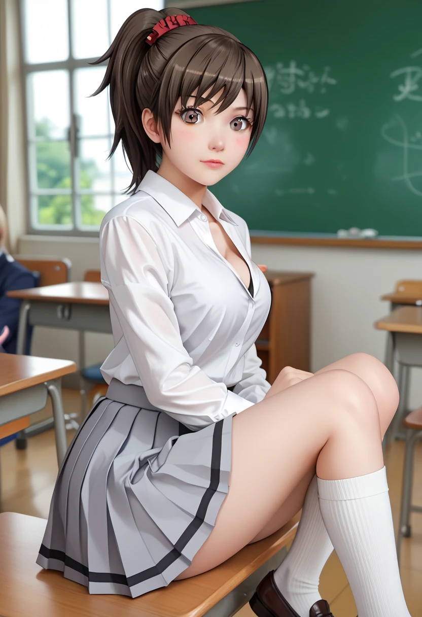 Sitting girl. Tōka Yada (assassination classroom), dark brown hair, high ponytail, lilac eyes, blush, looking at viewer, innocent expression, red scrunchie, tokaschool, white shirt, medium breasts, cleavage, collared shirt, long sleeves, light grey skirt, pleated skirt, long skirt, large buttocks, kneehighs, brown shoes. Classroom