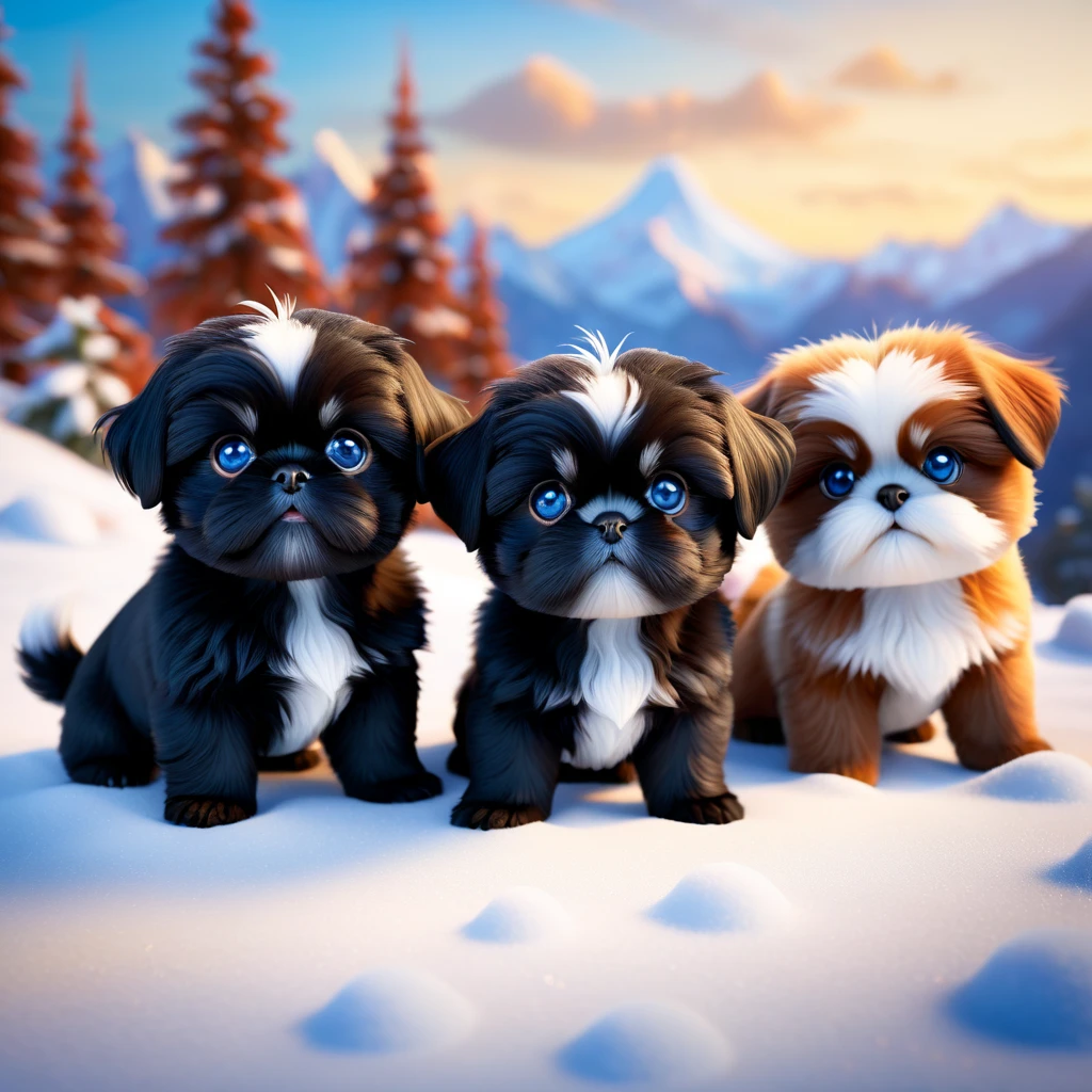 2 adorable black shih tzu puppies with blue eyes, 3D, Pixar Style, pam-swtvrld red panda,himalaya mountains background,warm light, snow,full depth of field and realistic textures,highly detailed,masterpiece,high quality, 2 adorable black shih tzu puppies with blue eyes, 3D, Pixar Style,