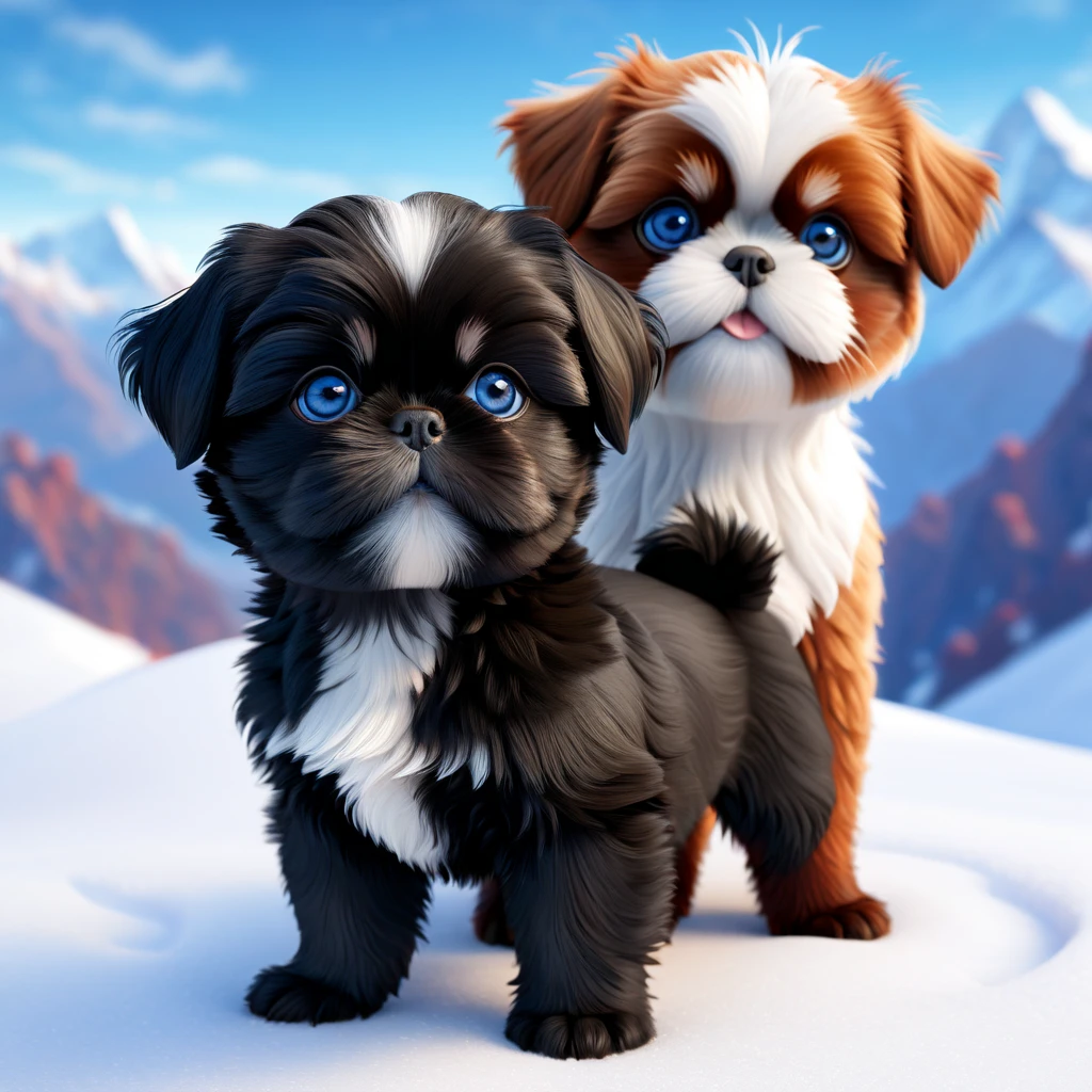 2 adorable black shih tzu puppies with blue eyes, 3D, Pixar Style, pam-swtvrld red panda,himalaya mountains background,warm light, snow,full depth of field and realistic textures,highly detailed,masterpiece,high quality, 2 adorable black shih tzu puppies with blue eyes, 3D, Pixar Style,