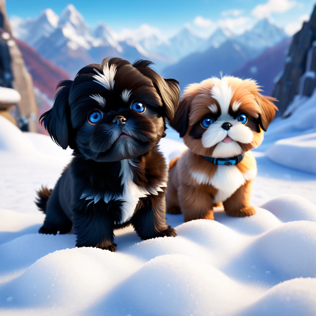 2 adorable black shih tzu puppies with blue eyes, 3D, Pixar Style, pam-swtvrld red panda,himalaya mountains background,warm light, snow,full depth of field and realistic textures,highly detailed,masterpiece,high quality, 2 adorable black shih tzu puppies with blue eyes, 3D, Pixar Style,