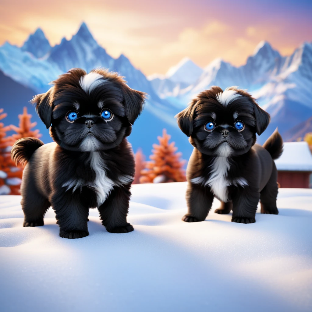 2 adorable black shih tzu puppies with blue eyes, 3D, Pixar Style, pam-swtvrld red panda,himalaya mountains background,warm light, snow,full depth of field and realistic textures,highly detailed,masterpiece,high quality, 2 adorable black shih tzu puppies with blue eyes, 3D, Pixar Style,