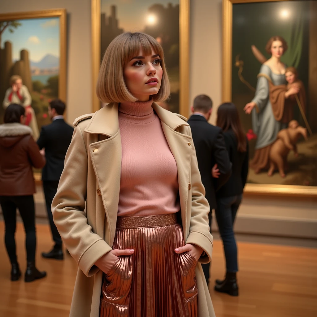 heavy makeup,  direct eye contact,  walks through the art gallery ,  admiring the paintings . She is dressed elegantly , lightweight sweater tucked into a pleated long skirt ,  with a beautiful beige winter coat ,  long winter coat not buttoned ,  long skirt below the knee in rose gold long with glitter, soft pink sweater , hands in pockets coat ,  blonde ,  Hermitage Gallery in St. Petersburg , гиперrealism,  Instagram photos ,  high suede winter boots above the knee brown ,  style,  Winter mood ,  photo taken with the phone , realism, against the background of the picture,  blond hair ash blond , With bangs, shoulder length hair,  style, m4d1s0n , ( top quality ,4K,8 k, high definition , masterpiece fails:1.2), ultra detailed,( realistic ,photo realistic ,photo- realistic :1.37),HDR, 1 girl,