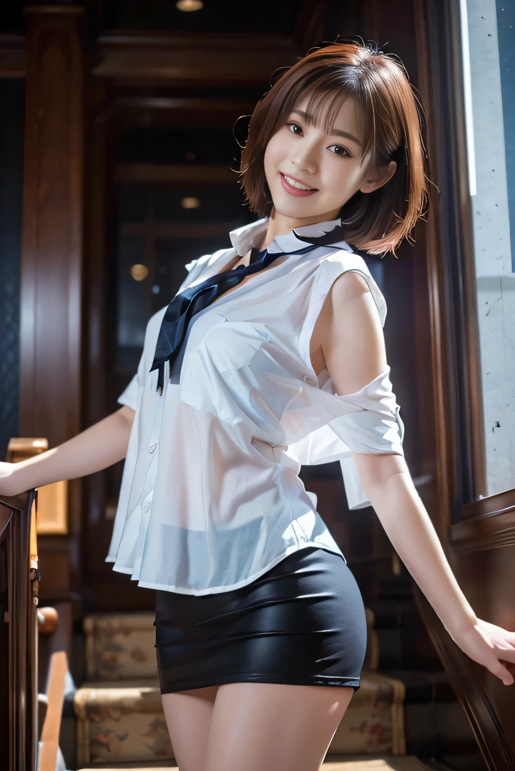 (A very cute 20 year old young woman from Japan), ((delicate hair between brown and blonde)), ((messy side wave short hair)),(((Slender and slender body type))),medium bust size、small breasts、 (((Clean hands))),(curly hair),(((very kind smile))), (((She wears random colored lace panties))),(((She is wearing a random colored lace bra))) ((top quality, 16K, table top: 1.3)), light shines on your face, highly detailed face, highly detailed lips, fine eyes,