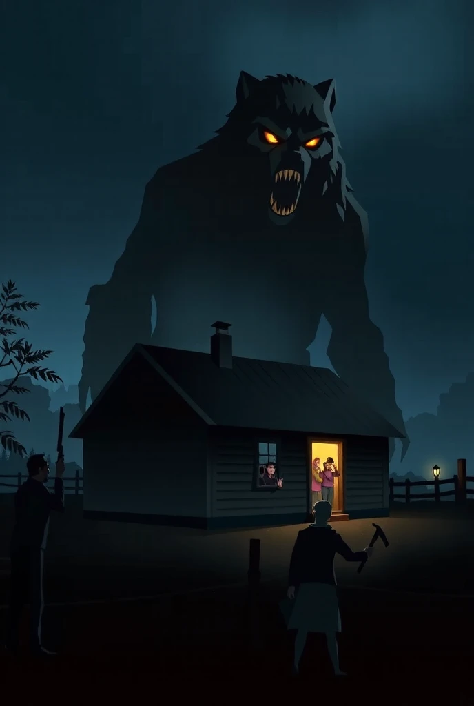 A terrifying night scene in a rural setting during the 1980s. A small wooden house surrounded by a fence, with a faint light coming from the window. Outside, a menacing werewolf-like creature with glowing eyes lurks near the house. The frightened family is visible inside through the window, holding weapons and protecting a baby. The atmosphere is dark, with a foggy and eerie environment, emphasizing suspense and horror.