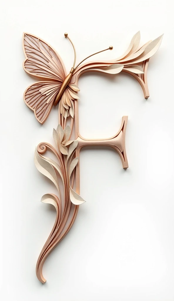 "Create a creative and elegant butterfly-shaped letter 'F'. The design should incorporate flowing elements, wing-like, extending from the letter to create the impression of butterfly wings, while keeping the central structure of the recognizable 'F'. Use intricate patterns or soft curves to mimic the natural beauty of a butterfly. The style should be artistic and visually appealing, with attention to symmetry and detail. Optional: add a gradient or soft pastel colors for a delicate and harmonious effect."