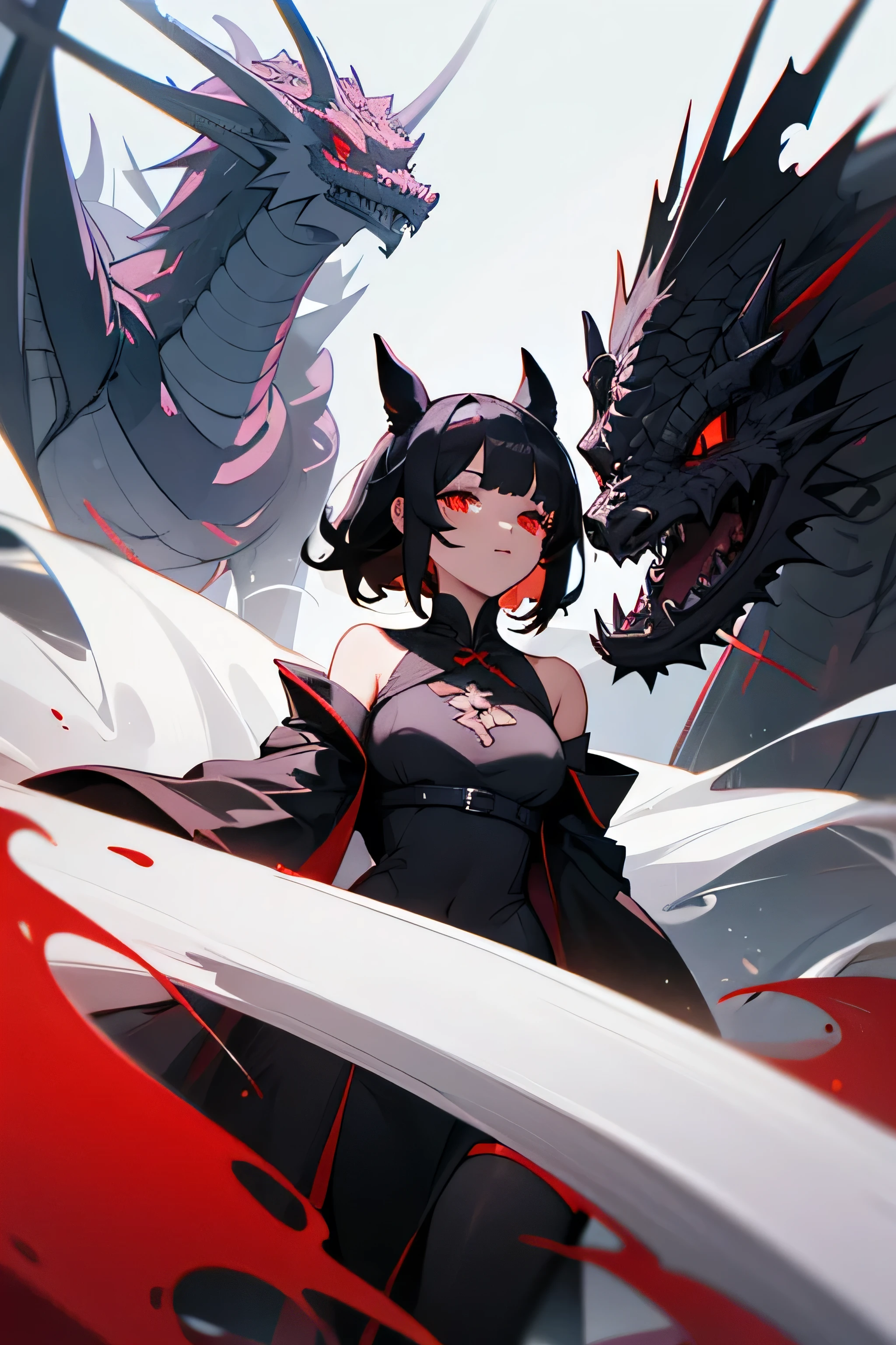 A black dragon woman maid, wears a short maid outfit showing her panties, has super big breasts, has long, messy black hair, It has red eyes, has a black dragon&#39;s horn, black dragon&#39;s wings and a black dragon&#39;s tail, wear black boots, wears a black buckle strap.