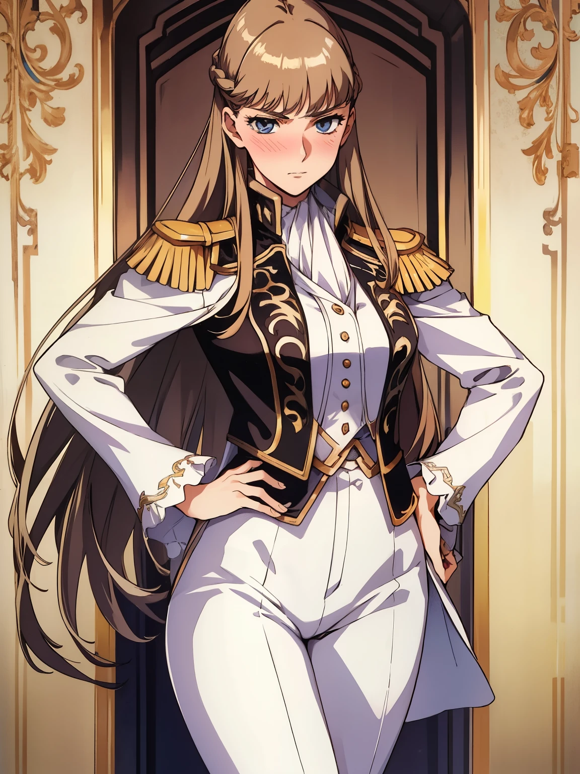 nsfw:1.5,1girl,blush,glaring ,Disgust,angry ,in heat:1.5,standing ,hands on hip,BREAK,RelenaPeacecraft, large_breasts, hair on her eyes , long brown hair , throw, hair stuck to my eyes, dazzling,dark eyes,luxurious RelenaMilitaryUniform,realistic white lace panties,skinny white pant,BREAK ,in the throne room,looking at viewers,cowboy shot,from forward,BREAK,best quality,anime key visual,highest quality, High resolution,  (shape:0.8),anime coloring,highly detailed face, detailed eyes,growing eyes,shiny skin,fine skin,white skin,dense skin,detailed hair,highly detailed legs,perfect lighting, Detailed CG, (perfect hands, perfect anatomy),High resolution,(Detailed wear ),slender limbs, delicate curves, dainty hands,figure:0.8,