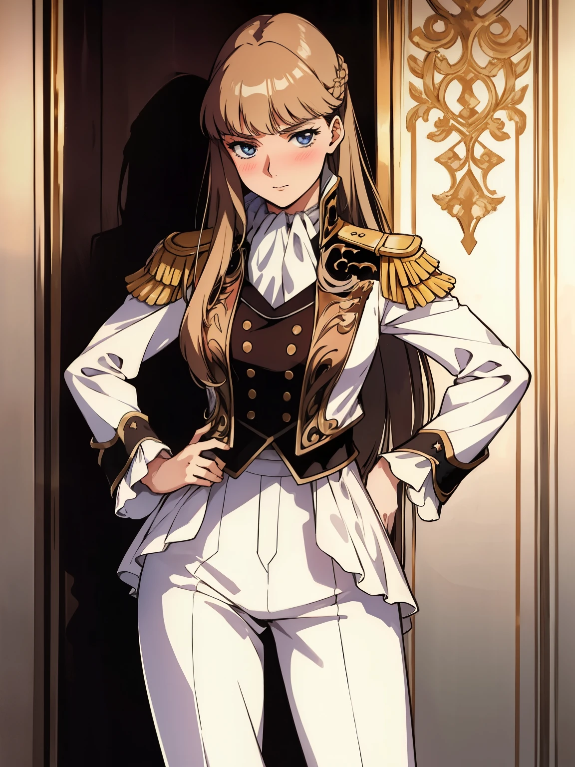 nsfw:1.5,1girl,blush,in heat:1.5,standing ,hands on hip,BREAK,RelenaPeacecraft, large_breasts, hair on her eyes , long brown hair , throw, hair stuck to my eyes, dazzling,dark eyes,luxurious RelenaMilitaryUniform,realistic white lace panties,skinny white pant,BREAK ,in the throne room,looking at viewers,cowboy shot,from forward,BREAK,best quality,anime key visual,highest quality, High resolution,  (shape:0.8),anime coloring,highly detailed face, detailed eyes,growing eyes,shiny skin,fine skin,white skin,dense skin,detailed hair,highly detailed legs,perfect lighting, Detailed CG, (perfect hands, perfect anatomy),High resolution,(Detailed wear ),slender limbs, delicate curves, dainty hands,figure:0.8,