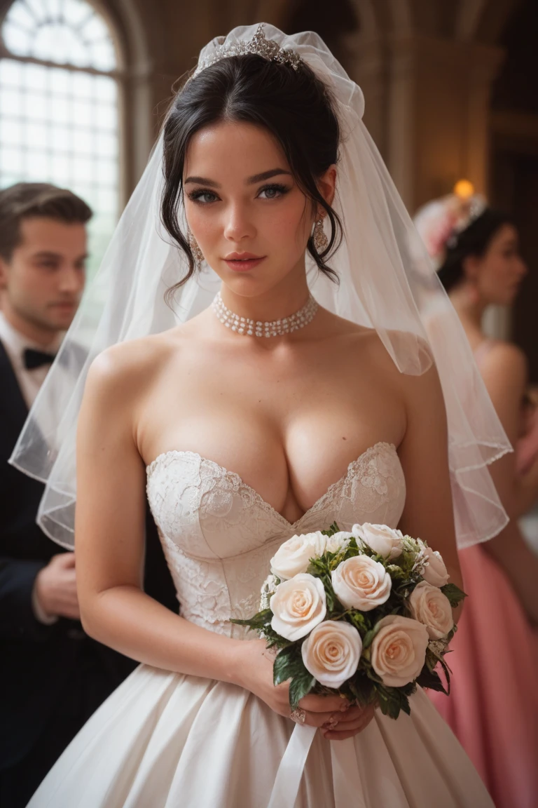 Isabela Merced in a mini wedding dress, a flower in the hair, kissing the bridesmaids:1.3, smiling, (big breasts:1.5), Real Life, full bodyshot, Ultra Realistic, Photorealism, Photography, 8K UHD, Photo, HDR, Complex and Elegant, Highly Detailed, Sharp Focus, Stunning, Beautiful, Best Quality 1:1, Ultra Detail: 1.2, Best Shadows, 8k: 1.1), (beautiful detailed face), high contrast, (perfect lighting: 1.2), (cinematic light)), colorful, hyper-detail, dramatic light, intricate detail, photograph by arny freytag