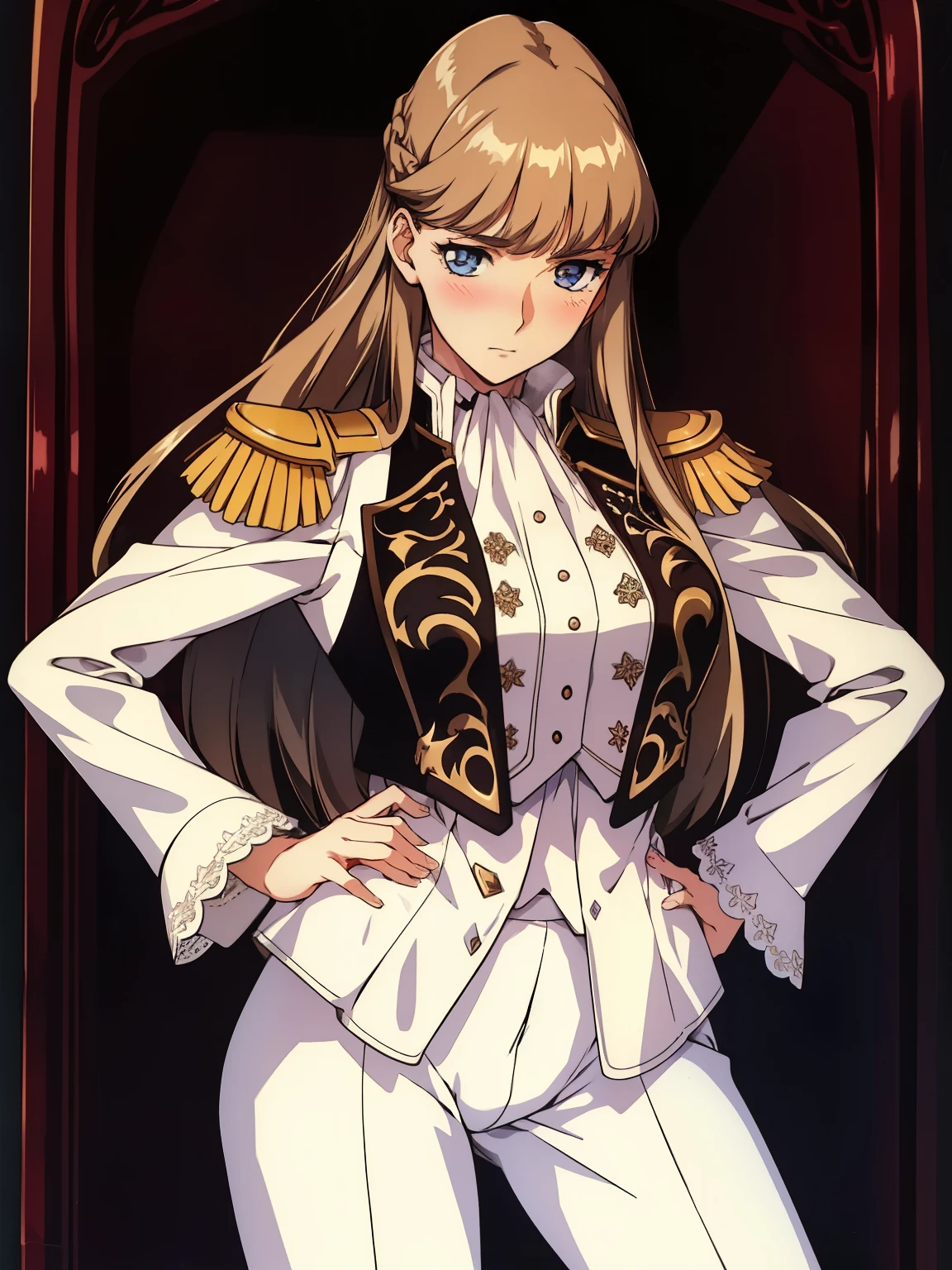 nsfw:1.5,1girl,blush,in heat:1.5,embarrassed,aroused,standing ,hands on hip,BREAK,RelenaPeacecraft, large_breasts, hair on her eyes , long brown hair , throw, hair stuck to my eyes, dazzling,dark eyes,luxurious RelenaMilitaryUniform,realistic white lace panties,skinny white pant,BREAK ,in the throne room,looking at viewers,cowboy shot,from forward,BREAK,best quality,anime key visual,highest quality, High resolution,  (shape:0.8),anime coloring,highly detailed face, detailed eyes,growing eyes,shiny skin,fine skin,white skin,dense skin,detailed hair,highly detailed legs,perfect lighting, Detailed CG, (perfect hands, perfect anatomy),High resolution,(Detailed wear ),slender limbs, delicate curves, dainty hands,figure:0.8,