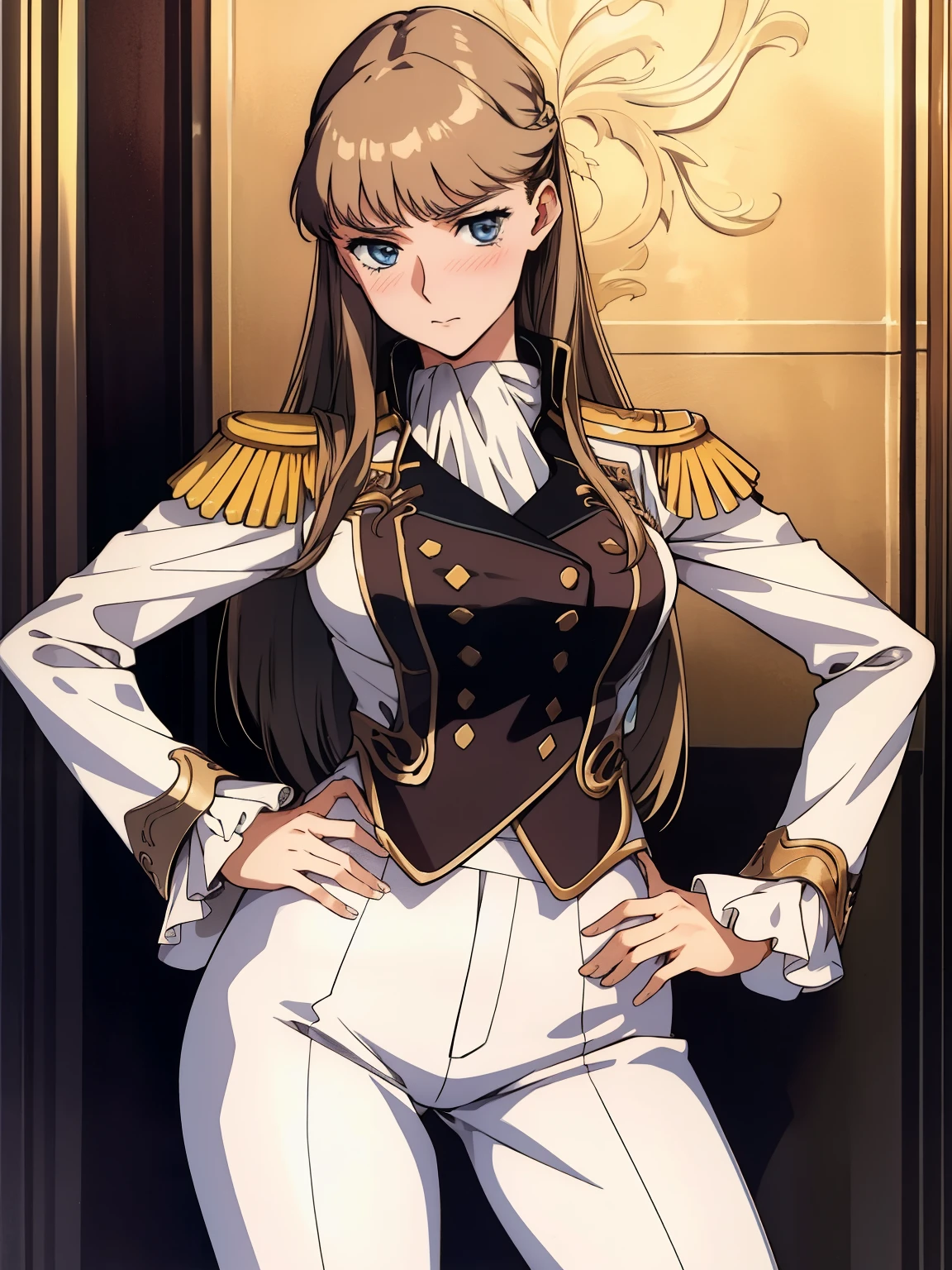 nsfw:1.5,1girl,blush,in heat:1.5,embarrassed,aroused,standing ,hands on hip,BREAK,RelenaPeacecraft, large_breasts, hair on her eyes , long brown hair , throw, hair stuck to my eyes, dazzling,dark eyes,luxurious RelenaMilitaryUniform,realistic white lace panties,skinny white pant,BREAK ,in the throne room,looking at viewers,cowboy shot,from forward,BREAK,best quality,anime key visual,highest quality, High resolution,  (shape:0.8),anime coloring,highly detailed face, detailed eyes,growing eyes,shiny skin,fine skin,white skin,dense skin,detailed hair,highly detailed legs,perfect lighting, Detailed CG, (perfect hands, perfect anatomy),High resolution,(Detailed wear ),slender limbs, delicate curves, dainty hands,figure:0.8,