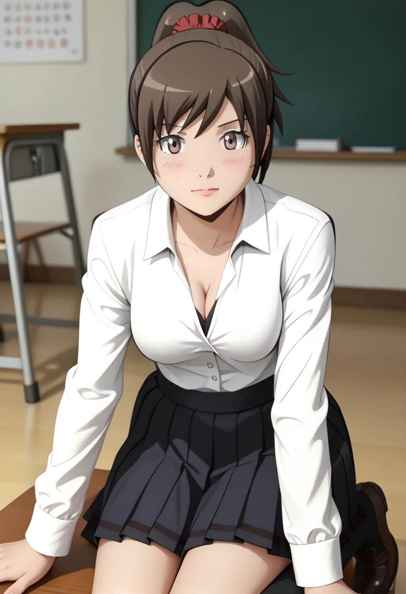 Sitting girl. Tōka Yada (assassination classroom), dark brown hair, high ponytail, blush, looking at viewer, innocent expression, red scrunchie, tokaschool, white shirt, medium breasts, cleavage, collared shirt, long sleeves, light grey skirt, pleated skirt, long skirt, large buttocks, kneehighs, brown shoes. Classroom