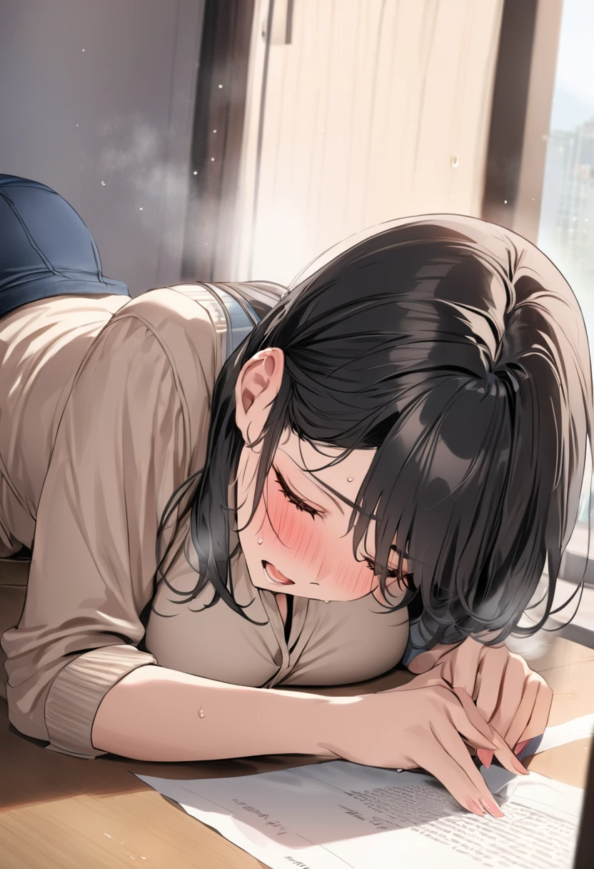 1 girl,black hair,light eyes,leg on desk,cowboy shot,masterpiece,best quality,very aesthetic,absurdres