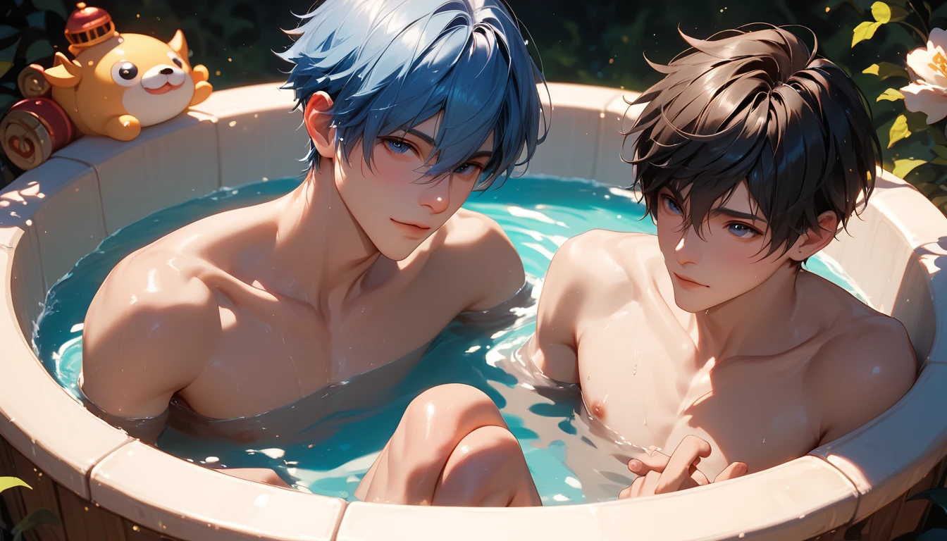 two different sporty chinese boys are naked together in a hot tub, showing their small hairless flaccid penis while bathing with some toys in the water with the foam. they are very thin and completely hairless, skinny, look shy but happy, dark fancy hair, cute face, thin legs, sexy pose. On boy has short blue hair and the other boy has black short hair.