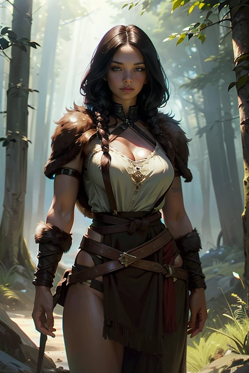 A beautiful brunette barbarian girl with braided hair, standing confidently in a forest. She has an innocent expression with detailed eyes. Her barbarian leather armor features intricate design and adorned with a fur belt and a fur skirt, complemented by leather straps and a sexy leather collar. She also wears a long fur cloak, flowing around her waist, while carrying a giant sword and displaying a striking runic tattoo on her skin. Her figure includes a slim waist, wide hips, and big natural breasts, standing tall with an air of strength and elegance.

The sunlight filters with a soft lighting through the trees, creating a spotlight effect on his face and chest, while the lower body is softly shadowed. The scene is set in a tundra forest, creating a detailed and immersive background. 

Rendered in a (((realistic))), ((fantasy style)) with (((masterpiece))) quality, 8k resolution, ((highest quality)), (((high resolution))), and (((super detailed))) focus, creating a visually stunning image.