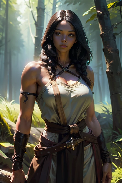 A beautiful brunette barbarian girl with braided hair, standing confidently in a forest. She has an innocent expression with detailed eyes. Her barbarian leather armor features intricate design and adorned with a fur belt and a fur skirt, complemented by leather straps and a sexy leather collar. She also wears a long fur cloak, flowing around her waist, while carrying a giant sword and displaying a striking runic tattoo on her skin. Her figure includes a slim waist, wide hips, and big natural breasts, standing tall with an air of strength and elegance.

The sunlight filters with a soft lighting through the trees, creating a spotlight effect on his face and chest, while the lower body is softly shadowed. The scene is set in a tundra forest, creating a detailed and immersive background. 

Rendered in a (((realistic))), ((fantasy style)) with (((masterpiece))) quality, 8k resolution, ((highest quality)), (((high resolution))), and (((super detailed))) focus, creating a visually stunning image.