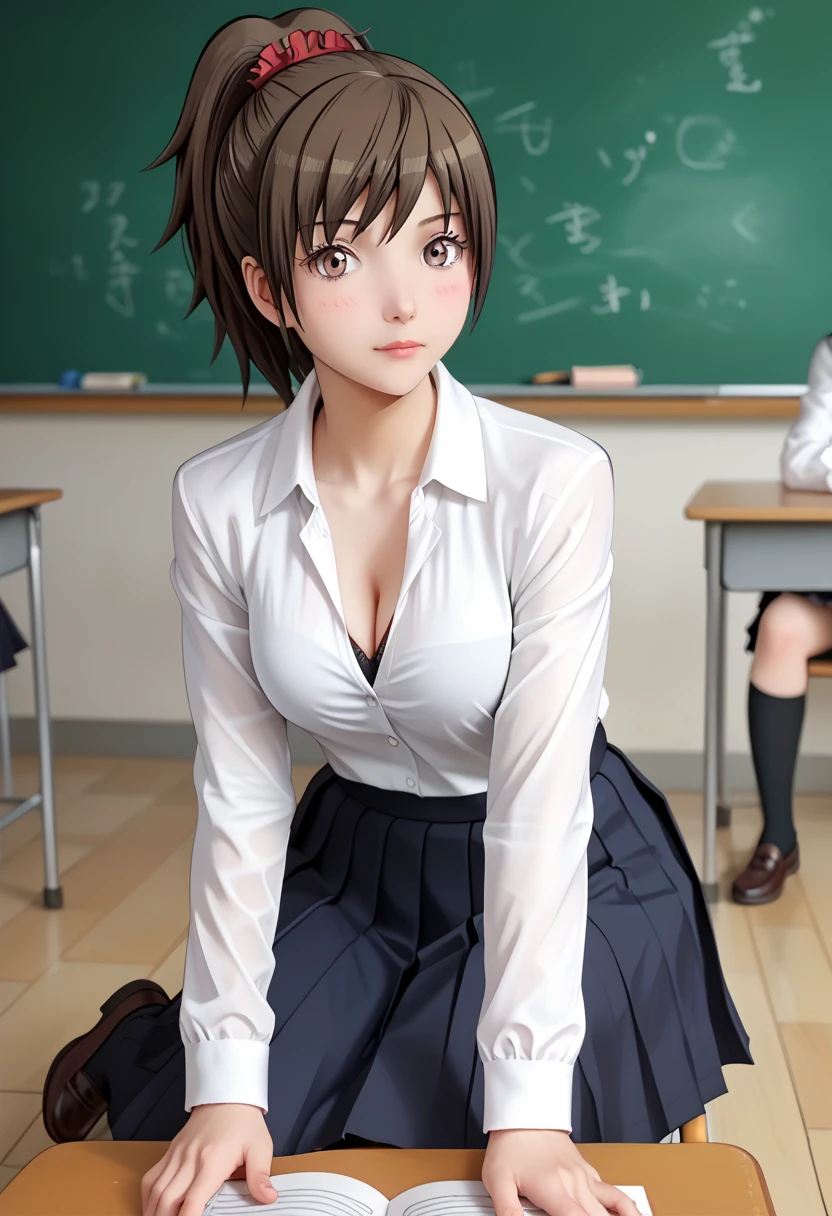 Sitting girl. Tōka Yada (assassination classroom), dark brown hair, high ponytail, blush, looking at viewer, innocent expression, red scrunchie, tokaschool, white shirt, medium breasts, cleavage, collared shirt, long sleeves, light grey skirt, pleated skirt, long skirt, large buttocks, kneehighs, brown shoes. Classroom