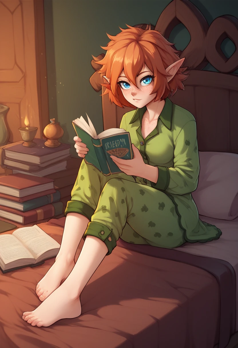 score_9, score_8_up, score_7_up, score_6_up, score_5_up, score_4_up, bedroom, crepuscular ray BREAK, 1girl, solo, looking at viewer, freckles, medium breasts, Hogwarts insignia on pajamas, messy hair, sitting, barefoot, feet BREAK, reading book using magic, elf ears,